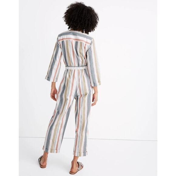 MADEWELL V-Neck Tie-Waist Jumpsuit Cotton Summer Beachy Size 2 Coastal Striped - Picture 2 of 11
